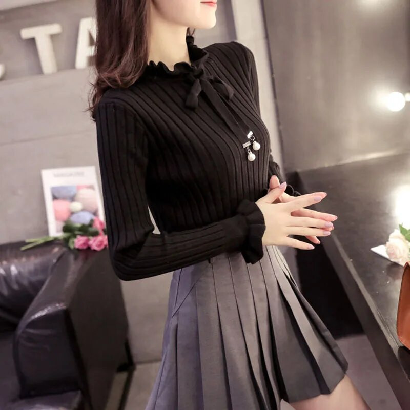 Lucyever Φθινοπωρινό Πλεκτό Πλεκτό Πουλόβερ Γυναικείο 2022 Μόδα βολάν λαιμό μακρυμάνικο πλεκτό Γυναικείο κορεάτικο ελαστικό λεπτό πουλόβερ