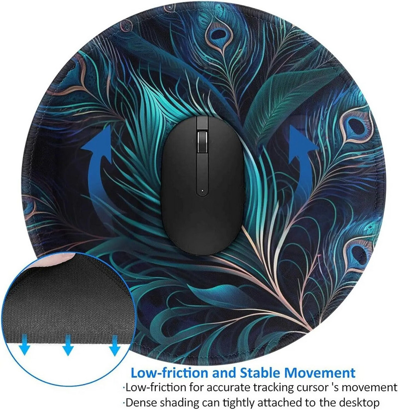 Pāva spalvas Forši pāvu apaļš peles paliktnis Peļu paliktnis Neslīdošs gumijas peles paklājiņš datorgalda spēlēm klēpjdatora darbam birojā