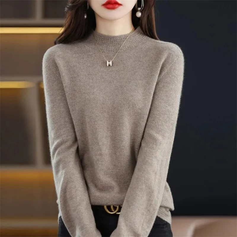 Sieviešu džemperi ar apkakli trikotāžas termiski džemperi, vienkrāsains rievotu džemperis Sieviešu 2023. gada rudens un ziemas mīkstie džemperi, apakšmalas krekli