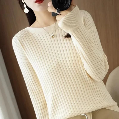 Jauns rudens džemperis Sieviešu trikotāžas džemperi ar O veida kakla izgriezumu džemperis Modes tīras krāsas džemperis ar apakšējo kreklu, sieviešu vilkšanu