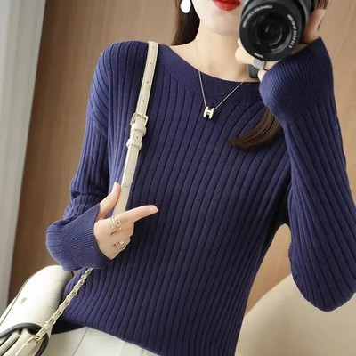 Jauns rudens džemperis Sieviešu trikotāžas džemperi ar O veida kakla izgriezumu džemperis Modes tīras krāsas džemperis ar apakšējo kreklu, sieviešu vilkšanu