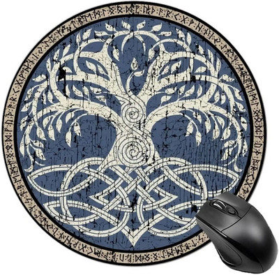 Vikingu dzīvības koka simbola peles paliktnis, neslīdošs gumijas peles paliktnis ar sašūtām malām, ūdensnecaurlaidīgs peles paklājiņš birojam, 7,9 x 7,9 collas