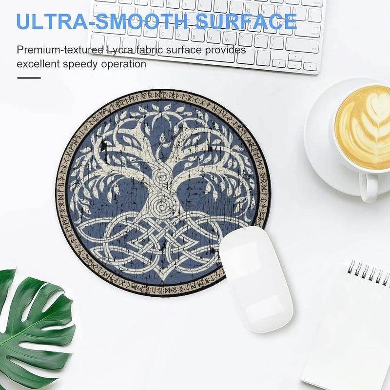 Vikingu dzīvības koka simbola peles paliktnis, neslīdošs gumijas peles paliktnis ar sašūtām malām, ūdensnecaurlaidīgs peles paklājiņš birojam, 7,9 x 7,9 collas