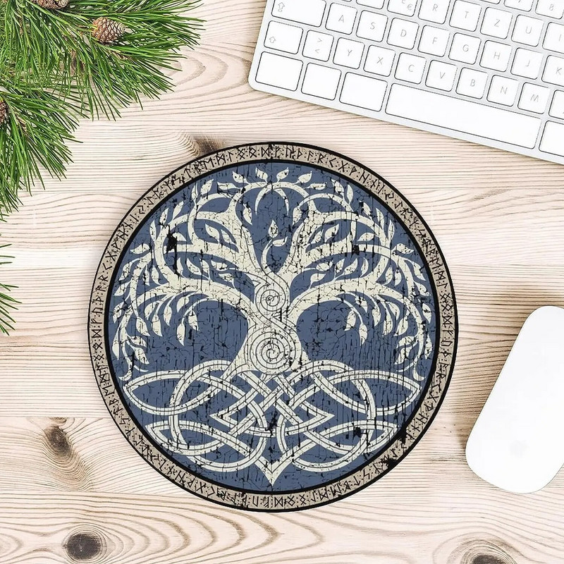 Vikingu dzīvības koka simbola peles paliktnis, neslīdošs gumijas peles paliktnis ar sašūtām malām, ūdensnecaurlaidīgs peles paklājiņš birojam, 7,9 x 7,9 collas