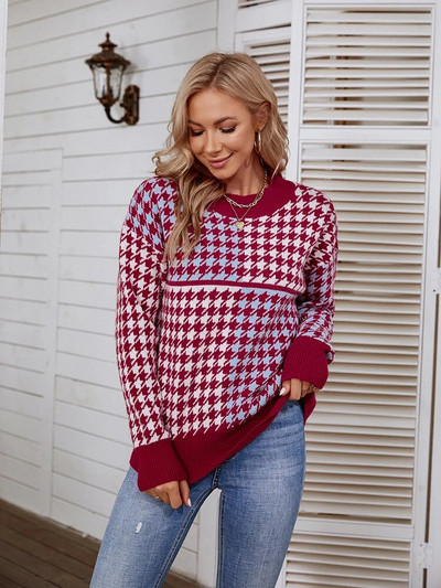 Fitshinling Houndstooth Plaid Pulover de damă Pulover Moda Roșu Iarnă Pulover Femeie Tricotat Pulover Femeie Tricoturi Tricoturi Nou