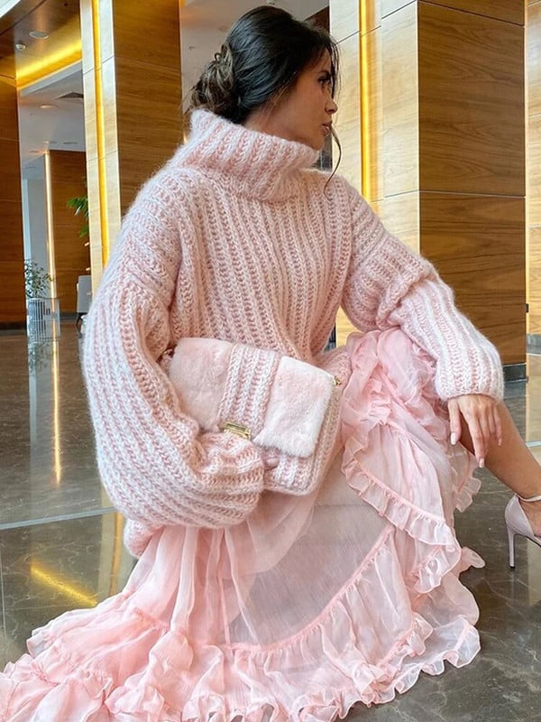 Γυναικεία πουλόβερ με χνουδωτό ζιβάγκο 2023 Πλεκτά, ζεστά πουλόβερ Γυναικεία, μαλακά μακρυμάνικα πουλόβερ στο δρόμο