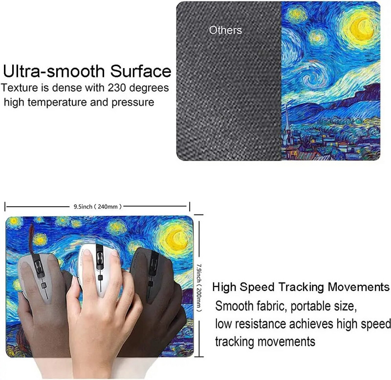 Õlimaali hiirematt Van Gogh Starry Sky Premium tekstuurse hiirepadjaga veekindla libisemiskindla kummist alusega kontorisülearvutile