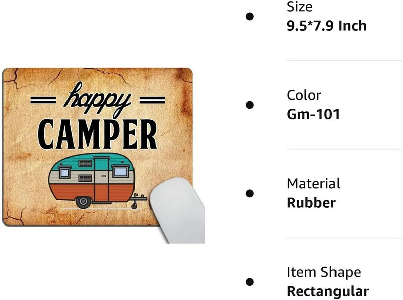 Happy Camper Mouse Pad Neslīdošs gumijas spēļu peles paliktnis Taisnstūra peles paliktņi datoriem Klēpjdatoru datoru galdu piederumi
