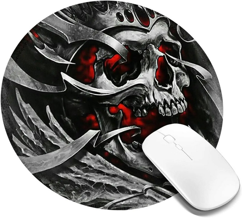 Cool Skull Metal Crown kerek egérpad csúszásmentes gumi egérpad varrott szélű egérszőnyeggel számítógépes játékokhoz, laptop irodákhoz