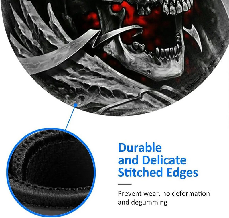 Cool Skull Metal Crown kerek egérpad csúszásmentes gumi egérpad varrott szélű egérszőnyeggel számítógépes játékokhoz, laptop irodákhoz