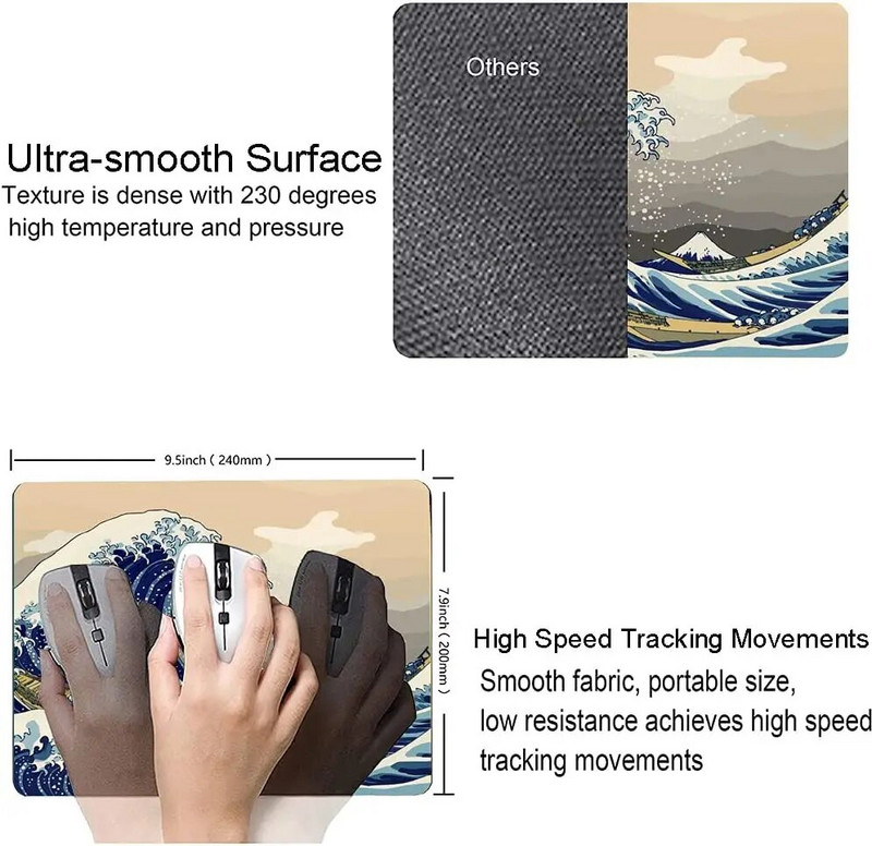 Japāņu The Great Wave peles paliktnis Sea Wave ūdensizturīgs peles paliktnis, neslīdošs gumijas pamatnes peles paklājiņš biroja klēpjdatoram 9,5x7,9 collas