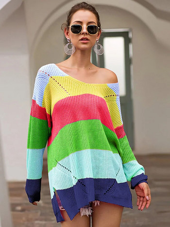 Fitshinling Rainbow ριγέ μακρύ πουλόβερ Femme Pull V λαιμόκοψη Slim πουλόβερ Φθινόπωρο Χειμώνας μακρυμάνικο πουλόβερ Γυναικεία πουλόβερ εκπτώσεις