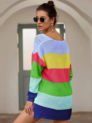 Fitshinling Rainbow ριγέ μακρύ πουλόβερ Femme Pull V λαιμόκοψη Slim πουλόβερ Φθινόπωρο Χειμώνας μακρυμάνικο πουλόβερ Γυναικεία πουλόβερ εκπτώσεις