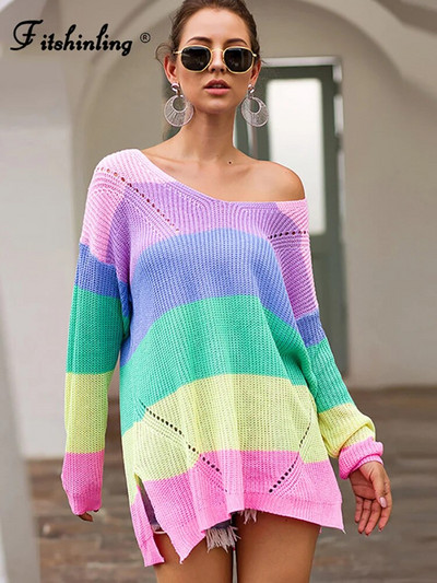 Fitshinling Rainbow dryžuotas ilgas megztinis Femme Pull V kaklo ploni megztiniai rudens žieminiai megztiniai ilgomis rankovėmis moteriškų džemperių išpardavimas