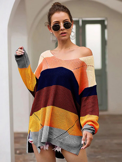 Fitshinling Rainbow ριγέ μακρύ πουλόβερ Femme Pull V λαιμόκοψη Slim πουλόβερ Φθινόπωρο Χειμώνας μακρυμάνικο πουλόβερ Γυναικεία πουλόβερ εκπτώσεις