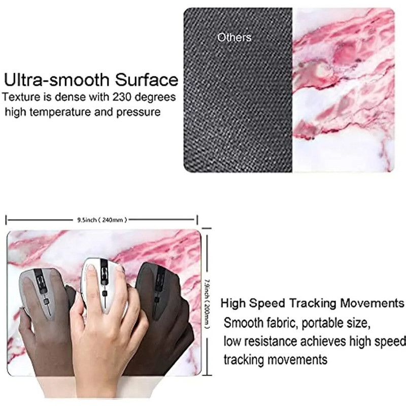 Rozā marmora spēļu peles paliktnis, ūdensizturīgs peles paliktnis, neslīdošs, gumijas pamatnes peles paliktņi 9,5x7,9x0,12 collas