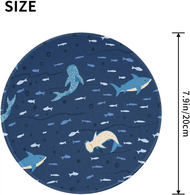 Kerek egérpad bálnacápa kék dizájn, személyre szabott, játékhoz készült egérszőnyeg csúszásmentes egérpad laptopon való munkához irodai otthoni 7,9x7,9 hüvelykes