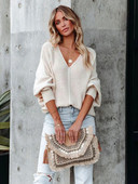 Pulovere supradimensionate cu mâneci liliac Fitshinling pentru femei, haine de iarnă, cu gât în V, trăgări libere, top tricot, pulover din jerseu de modă solidă