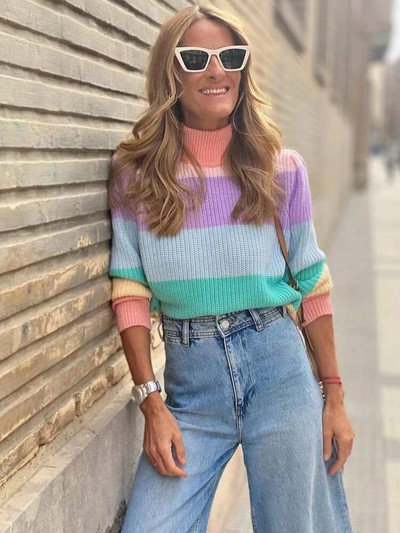 Fitshinling Patchwork Ριγέ ζιβάγκο Πουλόβερ Γυναικεία Ρούχα Φθινοπωρινά, Χειμερινά πλεκτά μπλουζάκια Pull Femme Slim Jumper Jerseys