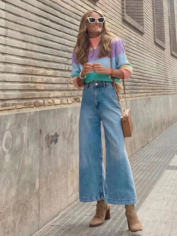 Fitshinling Patchwork Ριγέ ζιβάγκο Πουλόβερ Γυναικεία Ρούχα Φθινοπωρινά, Χειμερινά πλεκτά μπλουζάκια Pull Femme Slim Jumper Jerseys