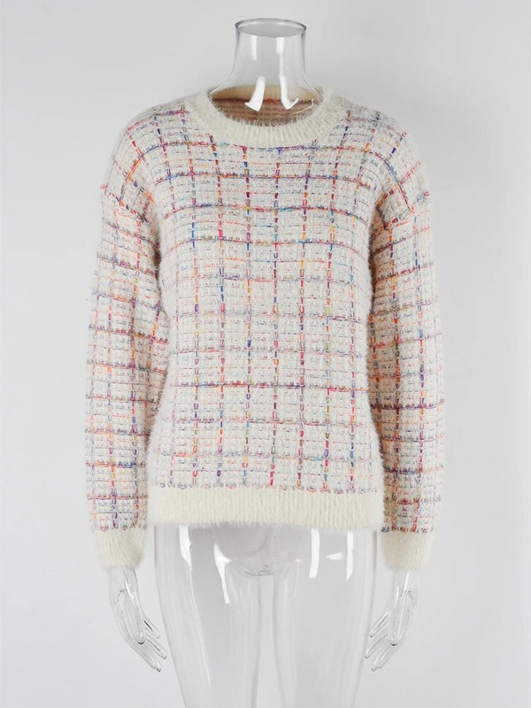 Fitshinling pūkains rūtains džemperis džemperis jauns trikotāžas topi ziemas apģērbi sieviešu džemperi Trikotāžas modes puloveri mataini džemperi