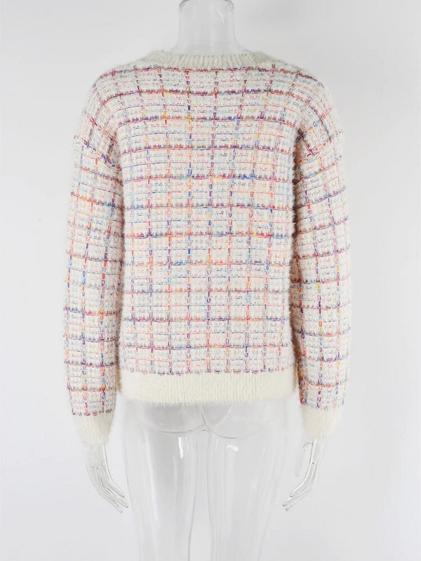 Fitshinling pūkains rūtains džemperis džemperis jauns trikotāžas topi ziemas apģērbi sieviešu džemperi Trikotāžas modes puloveri mataini džemperi