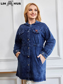 LIH HUA sieviešu lielizmēra džinsa jaka Rudens šiks eleganta jaka apaļīgām sievietēm Kokvilnas adīšana jaka ar kapuci