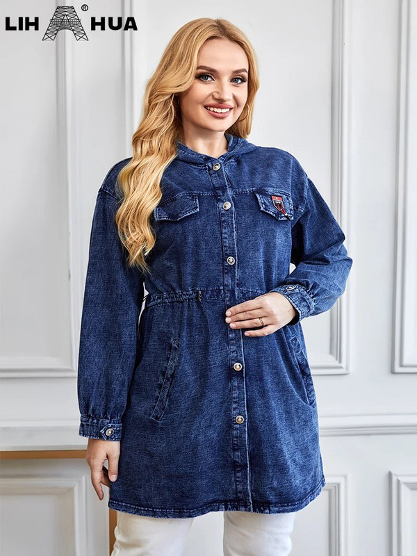 LIH HUA sieviešu lielizmēra džinsa jaka Rudens šiks eleganta jaka apaļīgām sievietēm Kokvilnas adīšana jaka ar kapuci
