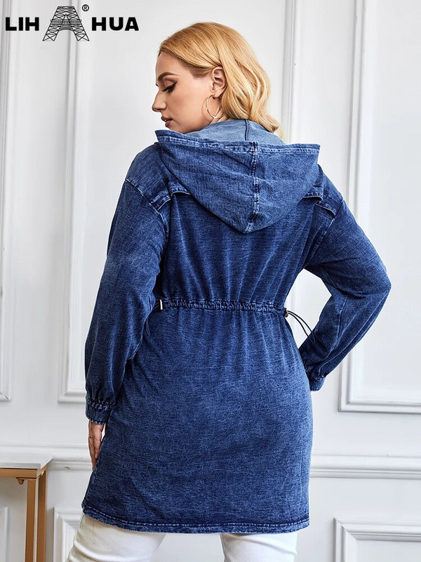 LIH HUA sieviešu lielizmēra džinsa jaka Rudens šiks eleganta jaka apaļīgām sievietēm Kokvilnas adīšana jaka ar kapuci