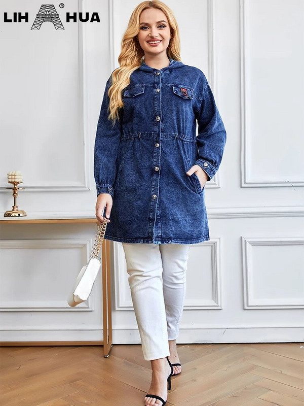 LIH HUA sieviešu lielizmēra džinsa jaka Rudens šiks eleganta jaka apaļīgām sievietēm Kokvilnas adīšana jaka ar kapuci