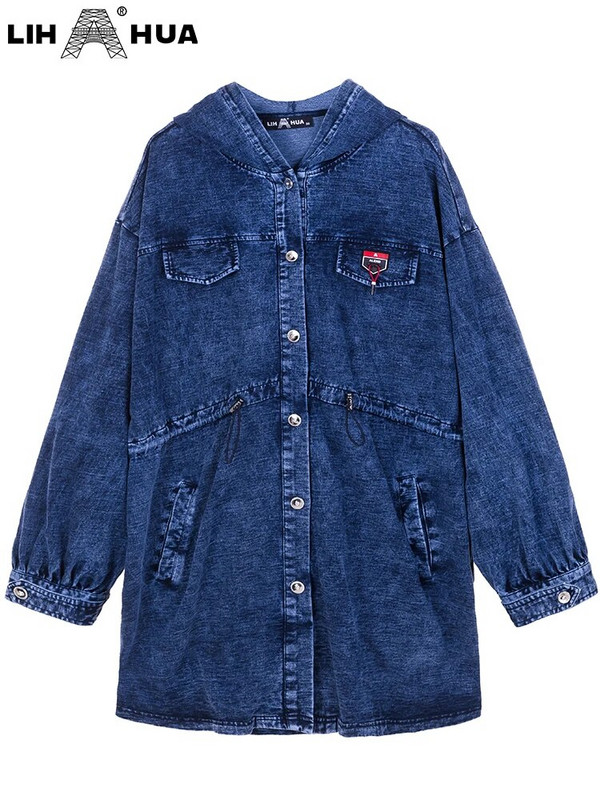 LIH HUA sieviešu lielizmēra džinsa jaka Rudens šiks eleganta jaka apaļīgām sievietēm Kokvilnas adīšana jaka ar kapuci