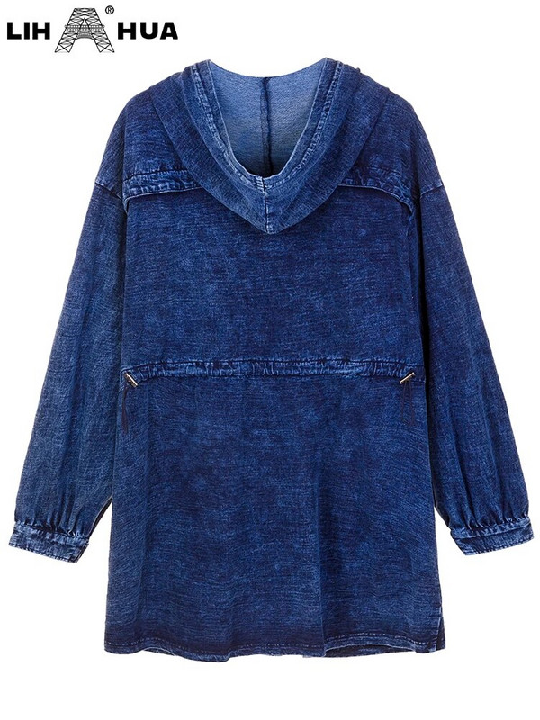 LIH HUA sieviešu lielizmēra džinsa jaka Rudens šiks eleganta jaka apaļīgām sievietēm Kokvilnas adīšana jaka ar kapuci