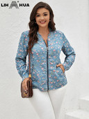 LIH HUA sieviešu lielizmēra džinsa jaka Rudens eleganta eleganta jaka apaļīgām sievietēm, kokvilnas auduma jaka