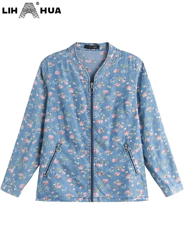 LIH HUA sieviešu lielizmēra džinsa jaka Rudens eleganta eleganta jaka apaļīgām sievietēm, kokvilnas auduma jaka