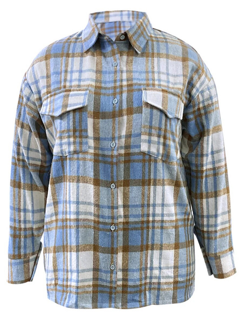 LW lielizmēra rūtains apdrukas kabatas dizaina mētelis 2023. gada sieviešu apkakle ar garām piedurknēm rudens ziemas jaka virsdrēbes šiks uzvalks