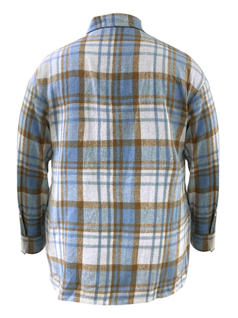 LW lielizmēra rūtains apdrukas kabatas dizaina mētelis 2023. gada sieviešu apkakle ar garām piedurknēm rudens ziemas jaka virsdrēbes šiks uzvalks