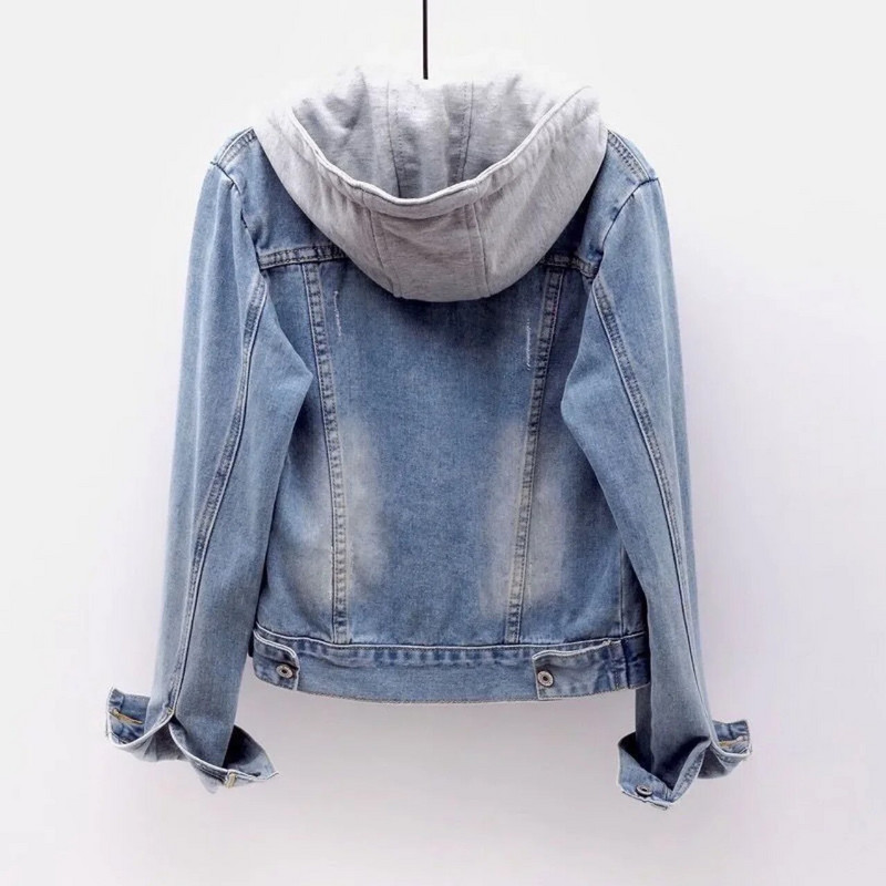 Džinsu jaka Sievietei ar kapuci īss stila apģērbs Retro virsjaka kabatas pogas garām piedurknēm, brīvi pieguļoša rudens ziema liela izmēra