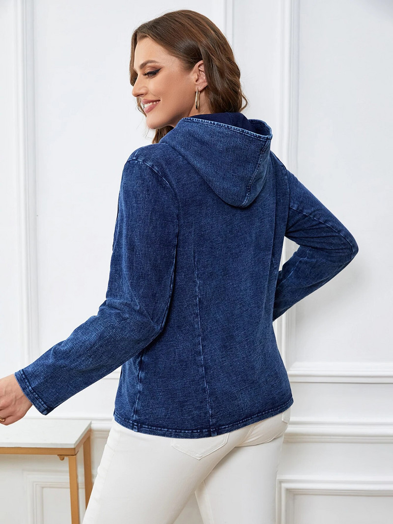 LIH HUA sieviešu lielizmēra džinsa jaka ar kapuci Rudens eleganta, eleganta jaka apaļīgām sievietēm, trikotāžas kokvilnas jaka