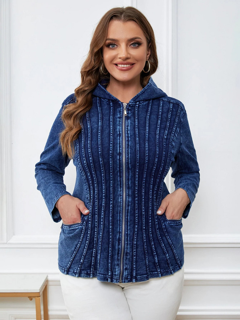 LIH HUA sieviešu lielizmēra džinsa jaka ar kapuci Rudens eleganta, eleganta jaka apaļīgām sievietēm, trikotāžas kokvilnas jaka