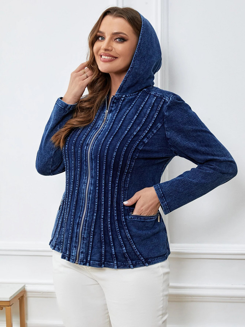 LIH HUA sieviešu lielizmēra džinsa jaka ar kapuci Rudens eleganta, eleganta jaka apaļīgām sievietēm, trikotāžas kokvilnas jaka