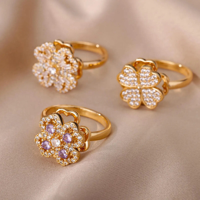 Prstenovi za tjeskobu s četiri lista cirkona koji se mogu okretati za žene od nehrđajućeg čelika protiv stresa Fidget Spinner Ring Estetski nakit Poklon