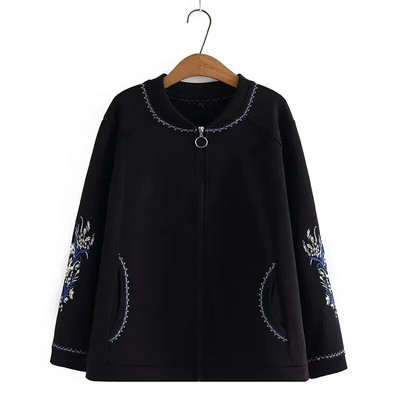 Liela izmēra sieviešu mētelis, apaļš kakla mētelis ar garām piedurknēm, biezināts mētelis ar plīša iekšpusē, izšūts ziedu motīvs uz piedurknēm