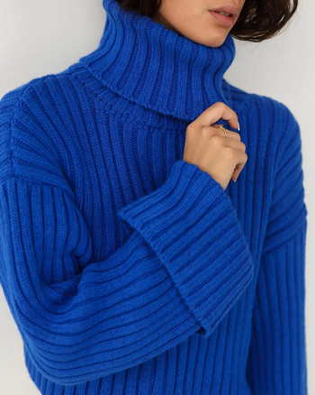 Γυναικείο y2k Μπλε πουλόβερ πλεκτό πουλόβερ με ραβδώσεις με μακρυμάνικο ζιβάγκο Loose crop top για casual streetwear ζεστά ρούχα