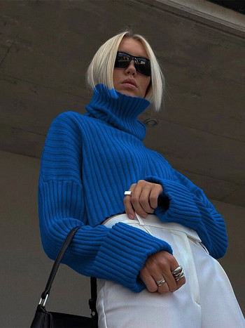 Γυναικείο y2k Μπλε πουλόβερ πλεκτό πουλόβερ με ραβδώσεις με μακρυμάνικο ζιβάγκο Loose crop top για casual streetwear ζεστά ρούχα