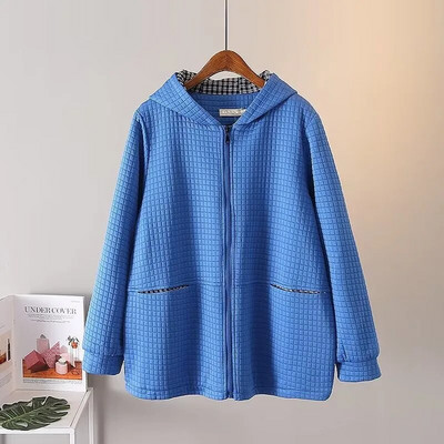 Liela izmēra sieviešu rudens ziemas, garām piedurknēm, vafeļu gaisa slāņa audumi, džemperis un bieza kokvilnas jaka ar kapuci ar kabatas mēteli