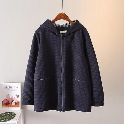 Liela izmēra sieviešu rudens ziemas, garām piedurknēm, vafeļu gaisa slāņa audumi, džemperis un bieza kokvilnas jaka ar kapuci ar kabatas mēteli