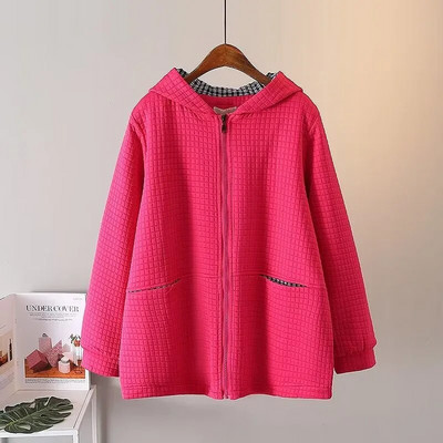 Liela izmēra sieviešu rudens ziemas, garām piedurknēm, vafeļu gaisa slāņa audumi, džemperis un bieza kokvilnas jaka ar kapuci ar kabatas mēteli