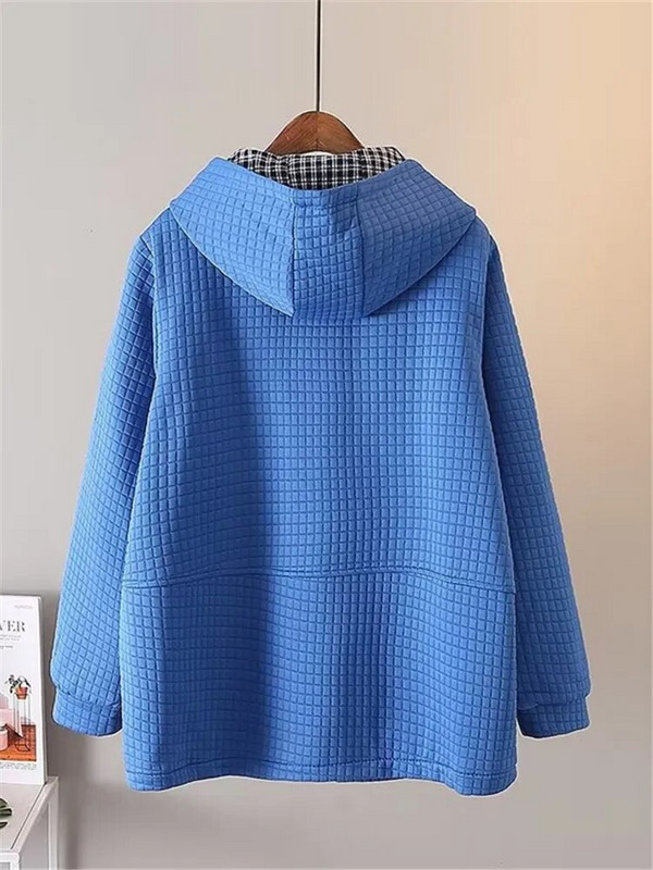 Liela izmēra sieviešu rudens ziemas, garām piedurknēm, vafeļu gaisa slāņa audumi, džemperis un bieza kokvilnas jaka ar kapuci ar kabatas mēteli