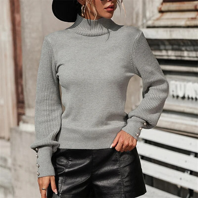 Eleganti, vienkrāsaini trikotāžas džemperu topi Sieviešu džemperis ar garām piedurknēm ikdienišķs plāns džemperis korejiešu modes sieviešu biroja topi