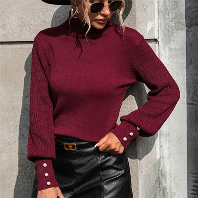 Eleganti, vienkrāsaini trikotāžas džemperu topi Sieviešu džemperis ar garām piedurknēm ikdienišķs plāns džemperis korejiešu modes sieviešu biroja topi